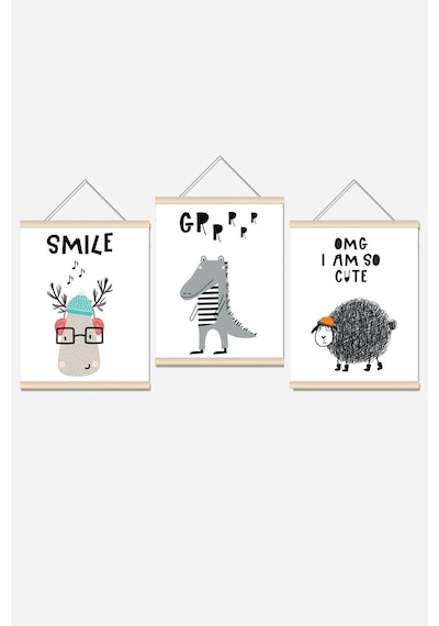 Sevimli Hayvanlar Ip Askılı Çocuk Odası Kanvas Poster Tablo Duvar Dekoru 3'lü Set