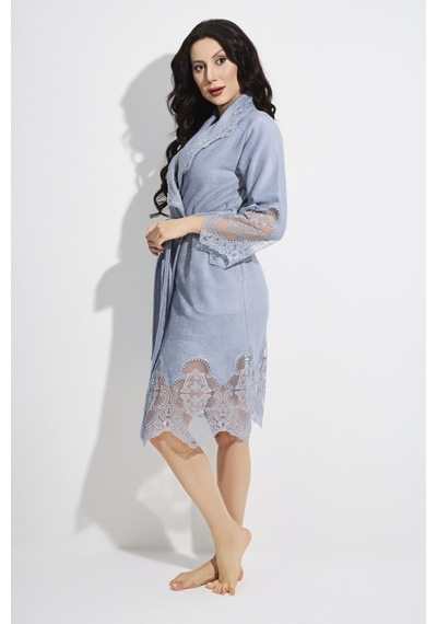 Dantelli Kısa Şalyaka Bukle Bambu Cotton Bayan Bornoz Gri