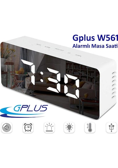 Gplus W561 Çift Alarmlı LCD Dijital Göstergeli Termometreli Aynalı Masa Saati