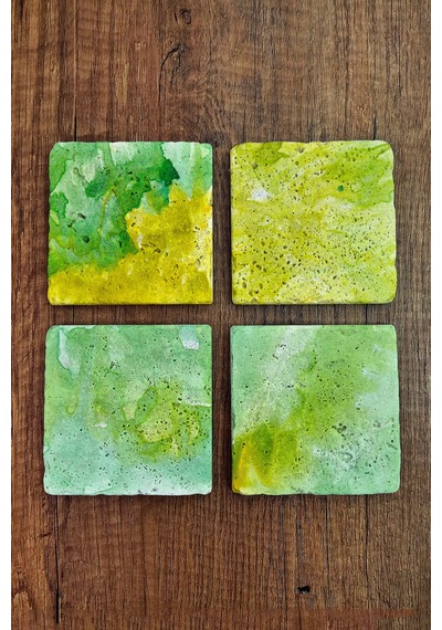 Doğal Taş Bardak Altlığı - Yeşil Sulu Boya Desenler Baskılı 10x10cm Stone Coasters Çok Renkli