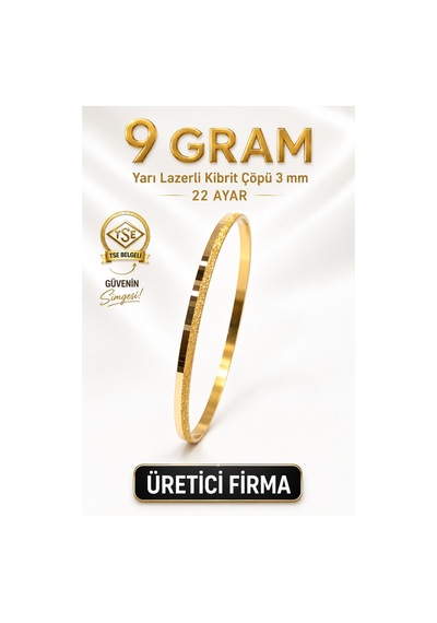 22 Ayar Tse Belgeli 9 Gram Yarı Lazerli Kibrit Çöpü 3 Mm Altın İşçiliksiz Bilezik Gold
