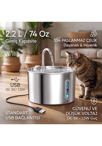 Cats Choice 2.2 Lt Paslanmaz Çelik Otomatik Filtreli Kedi Ve Köpek Su Pınarı