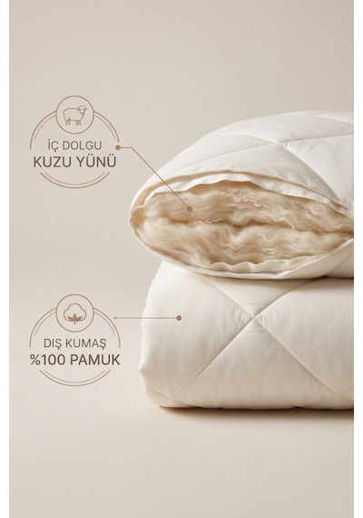 Tek Kişilik %100 Doğal Kuzu Yünü Yorgan Pamuk Kılıflı Kokusuz Terletmez Yıkanabilir 135x200 Cm Krem