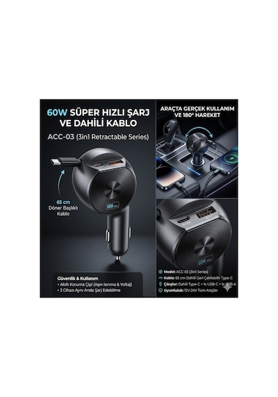 Acc-03 60w Süper Hızlı Araç Şarj Cihazı-3in1 Makaralı Geri Çekilebilir Type-c Kablolu -180 Dönen Baş
