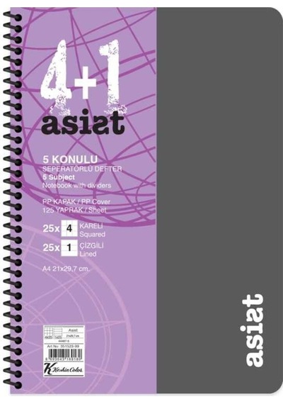 Defter A4 4+1 125 Yaprak Ayraçlı Plastik Kapak Asist Çok Renkli