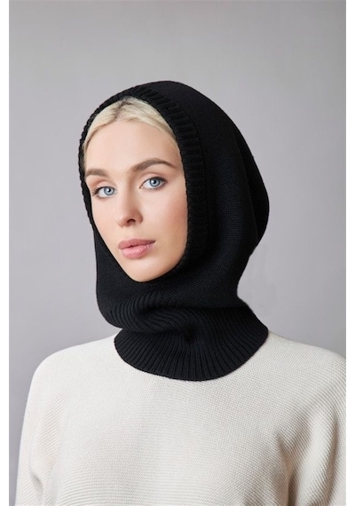 Külah Balaclava Kadın Triko Kar Maskesi Bere Boyunluk Siyah Siyah Standart