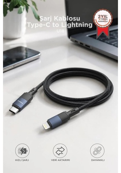 Ofis Cep Telefonu Teknoloji Şarj Kablosu Type-c To Lightning Data Kablo U18 Siyah