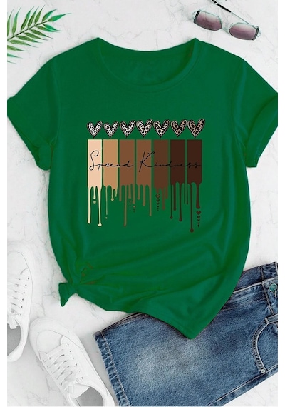 Uyguntarz Unisex Leopar Kalp Baskılı Oversize T-shirt Yeşil