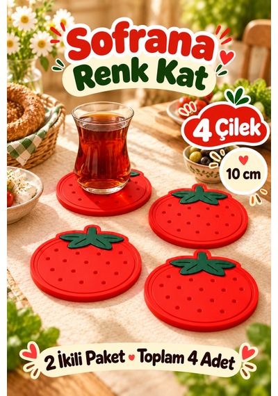 4'lü Çilek Desenli Bardak Altlığı Seti 10 Cm Kahve Ve Çay Fincan Altlığı Renkli Masa Sunum Aksesuarı Çok Renkli