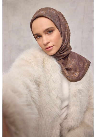 Silk Home Viskon Velora Eşarp Küllü Vizon Yonca Desenli Tok Duruşlu 90x90 Çok Renkli