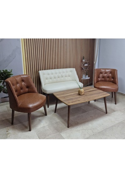 Azra Mobilya Deri Çay Seti Koltuk Takımı + Sehpa - Oturma Grubu - Cafe Mobilya - Ofis Mobilya - Balkon Mobilya Krem-taba