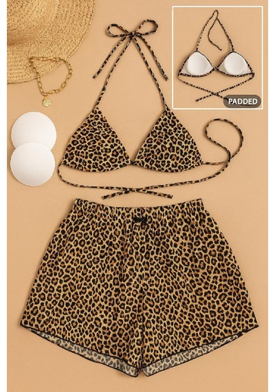 Kadın 3'lü Set Leopar Desenli Şortlu Ve Yandan Bağlamalı Bikini Mayo Takımı