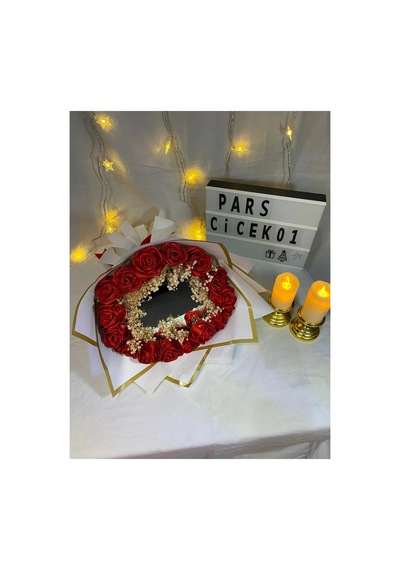 Aynalı Gül Buketi Aynali Buket Yapay Solmayan Gül Kırmızı Gül Ve Cipso Detaylı Gül Buketi Kırmızı - 723031816 Kırmızı