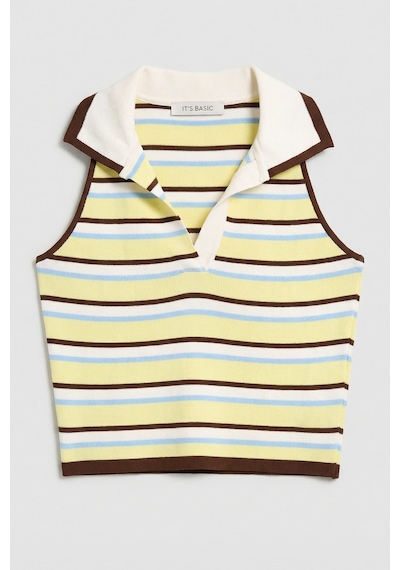 Kadın Sarı Çizgili S6-108 Crop Fit Polo Yaka İnce Yazlık Triko Body