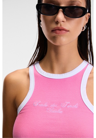 Ethıquet Selmıra Kadın Nakışlı Halter Yaka Slim Fit Kolsuz Pembe Atlet