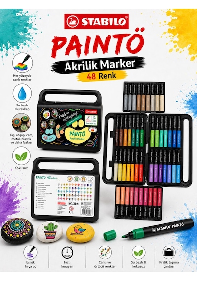 Stabilo 791/48 Paınto 48 Renk Akrilik Marker Seti Su Bazlı Çok Yüzeyli Boya Kalemi Çantalı Çok Renkli