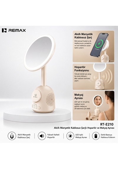 3'ü 1 Ara Makyaj Aynalı Led Masa Lambası - 15w Magsafe Kablosuz Şarj & Bluetooth Hoparlör Rt-e210
