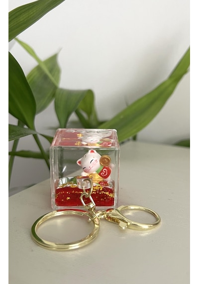 Feng Shui Şans Ve Bereket Kedisi Figürlü Sulu Anahtarlık / Çanta Süsü Patili Kedi Model 2 Maneki Neko