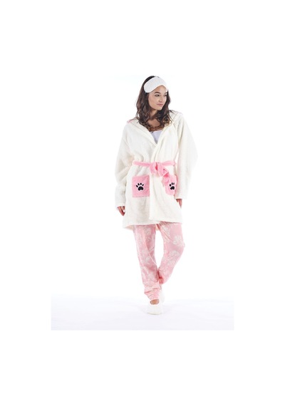 Fushia Panda Wellsoft Sabahlık Nakışlı Kapüşonlu Peluş Ev Giyimi 001