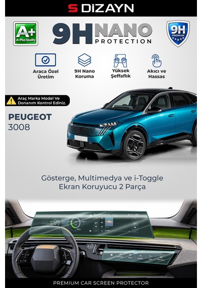 S-dizayn Peugeot 3008 21 İnç 9h Nano Gösterge Ve Multimedya Ve İ-toggle Ekran Koruyucu 2'li Set Parlak 2024 Üzeri A+ Kalite