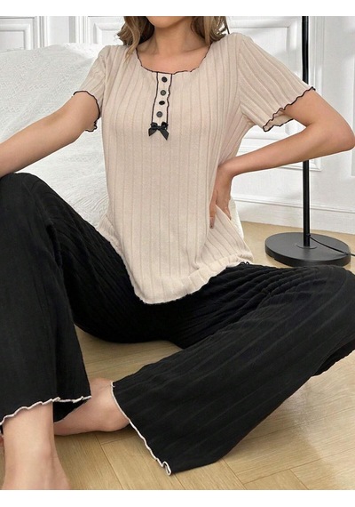 Bella Notte Pamuklu Süs Düğmeli Kısa Kollu Pijama Takımı Siyah