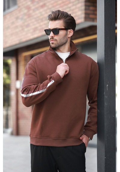 Madmext Acı Kahve Fermuarlı Yarım Balıkçı Yaka Erkek Sweatshirt E7164 Acı Kahverengi