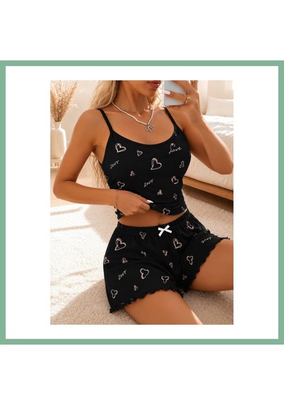 Bşkvirgo Kadın Love Yazılı Ve Kalp Desenli Dantel Askılı Şortlu Pijama Takımı 5262 Beden: L/xl Renk: Siyah Bsk2026