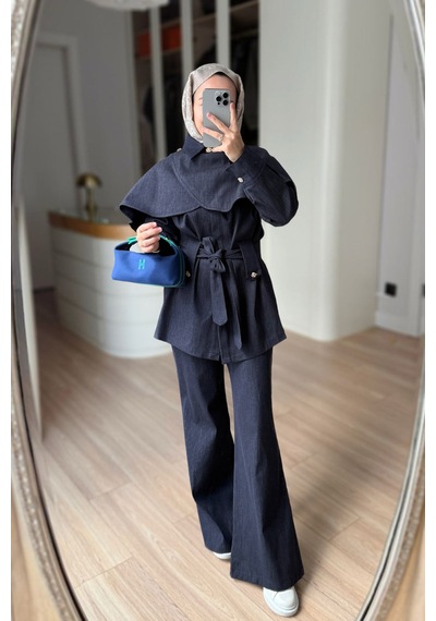 Ka Hijab Pelerinli Kot Takım - Lacivert