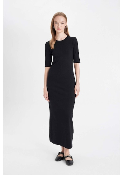 DeFacto 	Bodycon Vücuda Oturan Bisiklet Yaka Basic Düz Fitilli Kaşkorse Kısa Kollu Maxi Elbise D8623AX24AUBK81