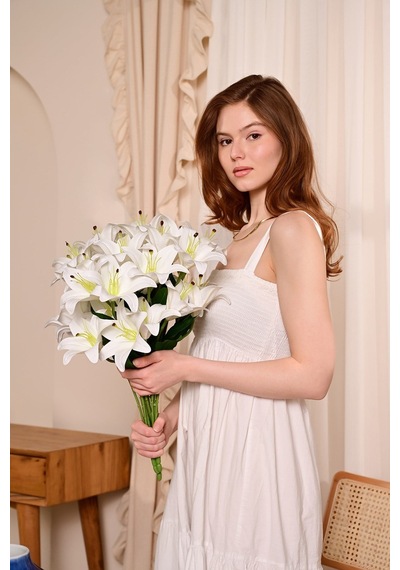 Beyaz Yapay Lilyum Çiçeği 9 Dallı Premium Canlı Islak Dokulu 55 Cm