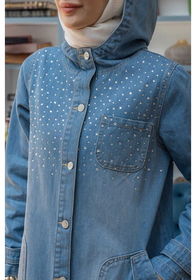 6329-taşlı Denim Kapşonlu Kap Mavi Mavi