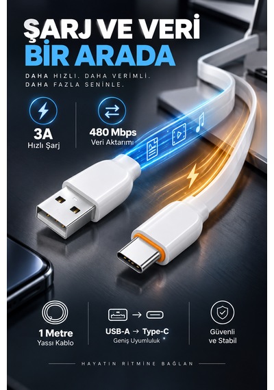 Type-c Şarj Ve Data Kablosu 100 Cm 3a Yassı Esnek Sakız Kablo Usb-a To Type-c 1 Metre Şarj Kablosu