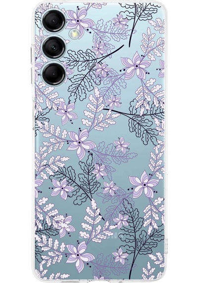 Samsung M14 Uyumlu Kamera Korumalı Floral Lila Tasarımlı Şeffaf Silikon Kılıf