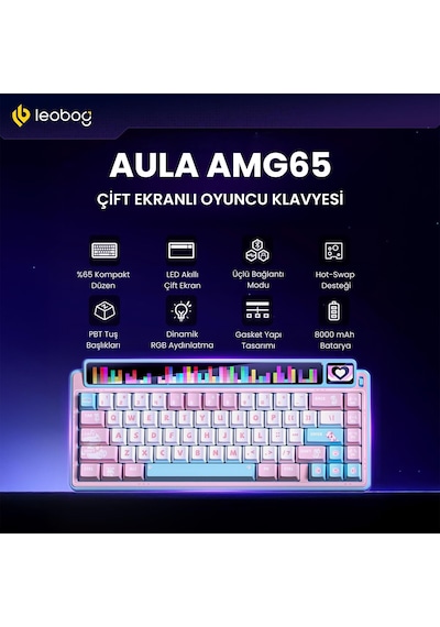 Leobog Amg65 Mekanik Gaming Oyuncu Klavyesi Led Matrix Ekranlı Jasper Switch Rgb Hot Swap Pembe