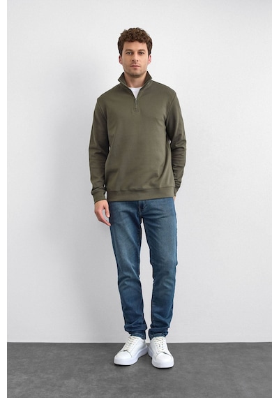 Backandbond Haki Regular Fit Dik Yaka Yarım Fermuarlı Sweatshirt