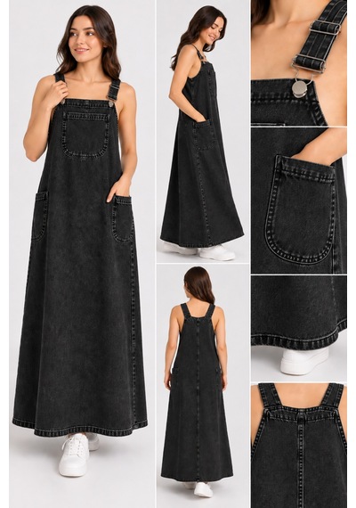 Bul-al Kadın Uzun Denim Jile Elbise Askılı Cepli Jean Elbise Siyah