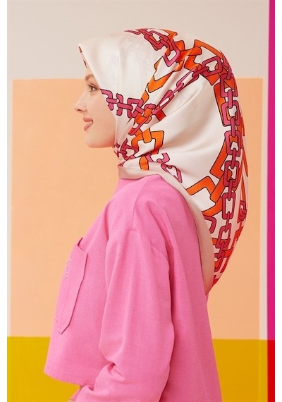 Armine Twill İpek Eşarp Turuncu, Fuşya, Krem 8736-11