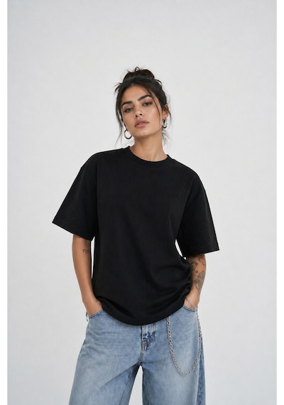 Modivibe Kadın Oversize T-shirt %100 Organik Pamuklu Kalın Dokulu Fit Yuvarlak Yakalı Siyah Modivibe Kadın Oversize T-shirt %100 Organik Pamuklu Kalın Dokulu Fit Yuvarlak Yakalı Siyah