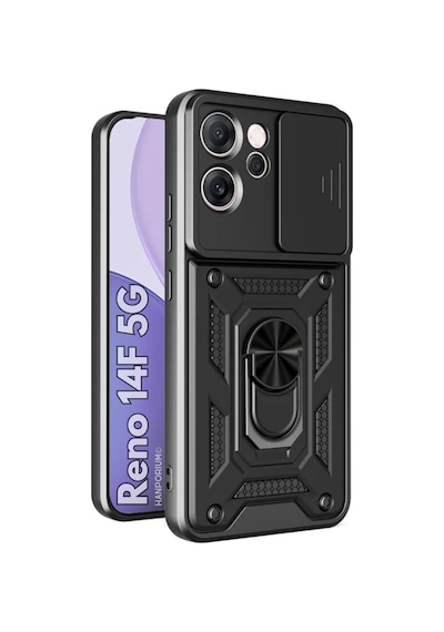 Oppo Reno 14f 5g Uyumlu Tank Kılıf - Yüzüklü Standlı Extra Koruma Zırhlı Outdoor Kapak - Siyah Siyah