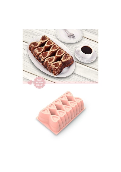 Kalp Desenli Risotto Silikon Baton Kek Kalıbı 26x16 Cm Soft Pembe