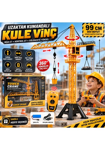Uzaktan Kumandalı 99 Cm Şarjlı Kule Vinç Işıklı, Hareketli İnşaat Vinç Oyuncağı
