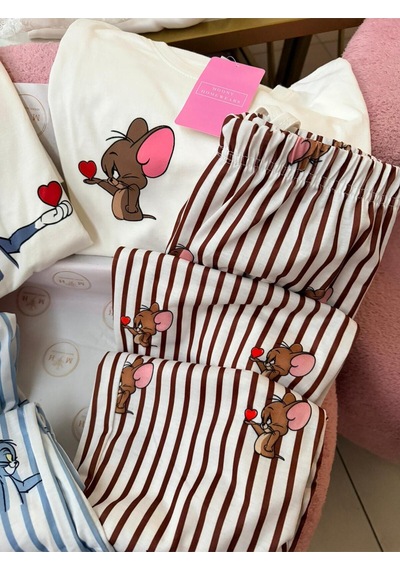 Mh Moony Homewears Kadın Tekli Farecik Pijama Çift Pijamasının Kadını Krem