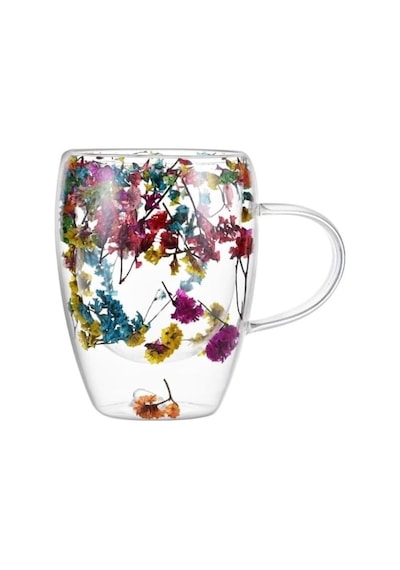 Çift Cidarlı Borosilikat Cam, Renkli Kuru Çiçek Tasarımlı, 350 Ml Kapasiteli, Kulplu, Şeffaf Kahve Kupası Aeropress