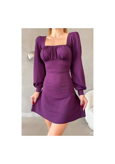 DefyModa Kadın Minimal Krep Kumaş Kare Yaka Uzun Kollu Elbise Mor