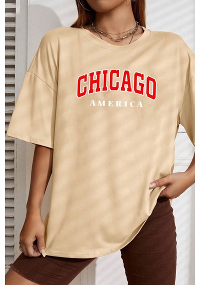 Unisex Chiago Baskılı T-shirt Bej