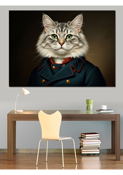 Askeri Üniformalı Aristokrat Kedi Portresi Dekoratif Kanvas - Mdf Ahşap Tablo