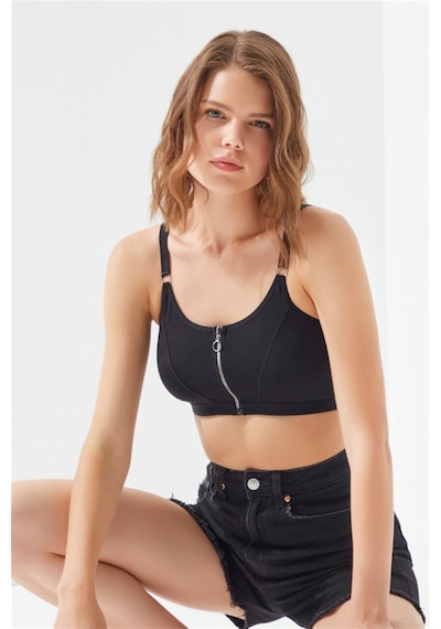 Cottonhill Siyah Pamuklu Ayarlanabilir Askılı Fermuarlı Bralet Büstiyer Siyah