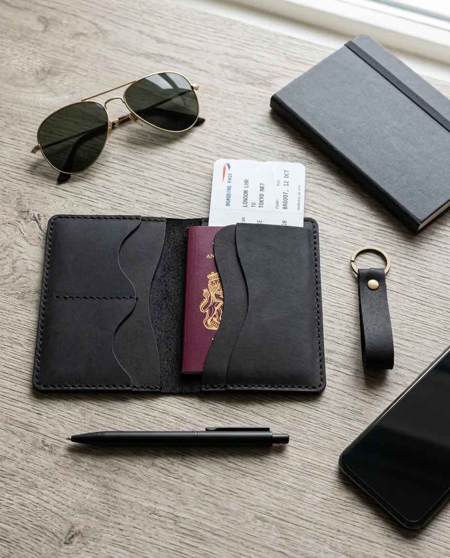 Natderi %100 Hakiki Deri Pasaport Kılıfı Ve Anahtarlık Seti - El Dikişli Özel Deri Pasaportluk 10x15 Cm siyah