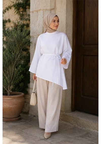 Maşuka Asimetrik Kesim Belden Bağlamalı Bol Kollu Kadın Tunik & Bluz - Şık Ve Modern Tasarım Beyaz Beyaz Maşuka Asimetrik Kesim Belden Bağlamalı Bol Kollu Kadın Tunik & Bluz - Şık Ve Modern Tasarım Beyaz Beyaz
