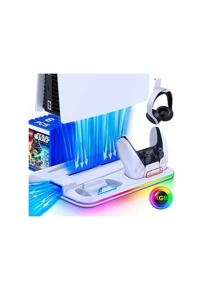 Playstation 5 Standart Fat Kasa Fanlı - Rgbli - Oyun Raflı - Şarjlı Stand - Beyaz